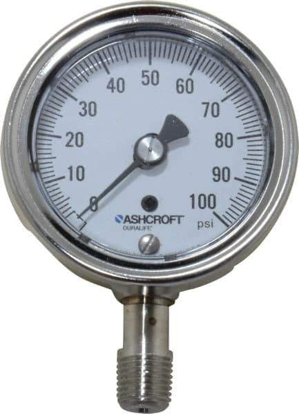 Ashcroft - 2-1/2" Dial, 1/4 Thread, 0-100 Scale Range, Pressure Gauge - Lower Connection Mount, Accurate to 1% of Scale - USA Tool & Supply