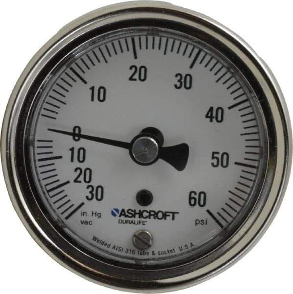 Ashcroft - 2-1/2" Dial, 1/4 Thread, 30-0-60 Scale Range, Pressure Gauge - Center Back Connection Mount, Accurate to 1% of Scale - USA Tool & Supply