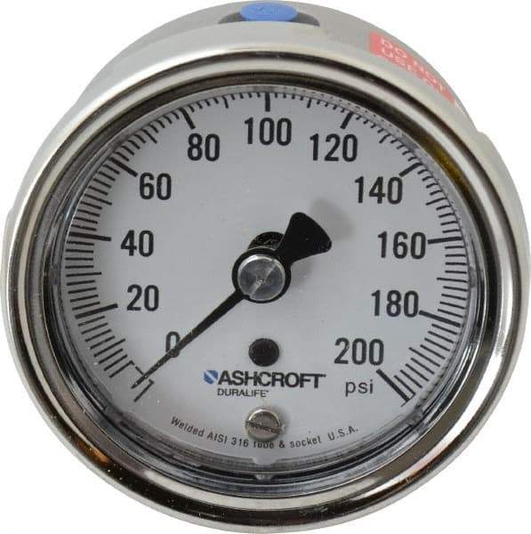 Ashcroft - 2-1/2" Dial, 1/4 Thread, 0-200 Scale Range, Pressure Gauge - Lower Back Connection Mount, Accurate to 1% of Scale - USA Tool & Supply