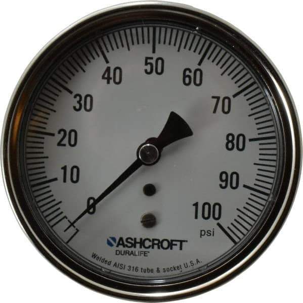 Ashcroft - 3-1/2" Dial, 1/4 Thread, 0-100 Scale Range, Pressure Gauge - Center Back Connection Mount, Accurate to 1% of Scale - USA Tool & Supply