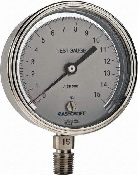 Ashcroft - 3" Dial, 1/4 Thread, 0-15 Scale Range, Pressure Gauge - Lower Connection Mount, Accurate to 0.5% of Scale - USA Tool & Supply