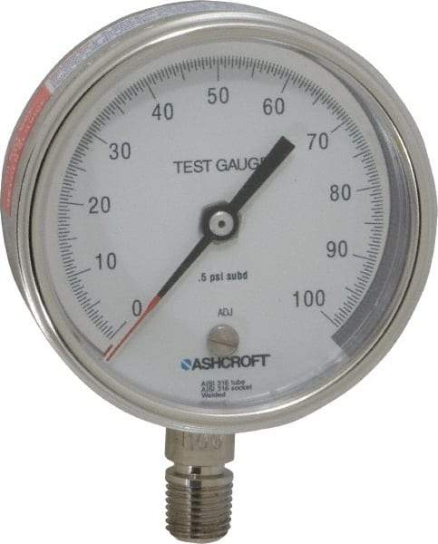Ashcroft - 3" Dial, 1/4 Thread, 0-100 Scale Range, Pressure Gauge - Lower Connection Mount, Accurate to 0.5% of Scale - USA Tool & Supply