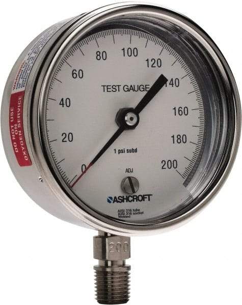 Ashcroft - 3" Dial, 1/4 Thread, 0-200 Scale Range, Pressure Gauge - Lower Connection Mount, Accurate to 0.5% of Scale - USA Tool & Supply