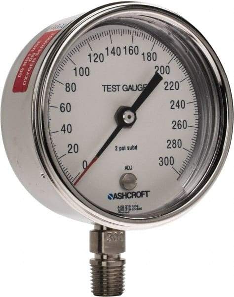 Ashcroft - 3" Dial, 1/4 Thread, 0-300 Scale Range, Pressure Gauge - Lower Connection Mount, Accurate to 0.5% of Scale - USA Tool & Supply