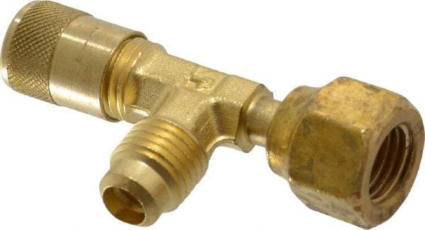 Parker - 500 Max psi, 1/4 Tube OD, Forged Flared Female Run Swivel Tee with Depressor Access Valve - Brass - USA Tool & Supply