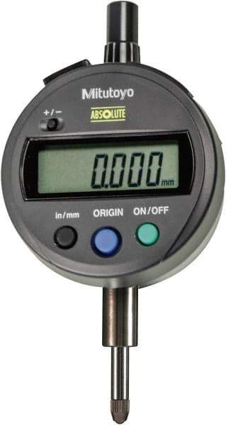 Mitutoyo - 0 to 12.7mm Range, 0.001mm Graduation, Electronic Drop Indicator - Flat Back, Accurate to 0.003mm, Metric System, LCD Display - USA Tool & Supply
