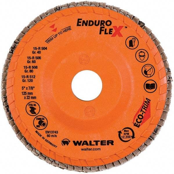 WALTER Surface Technologies - 60 Grit, 5" Disc Diam, 7/8" Center Hole, Type 28 Ceramic Flap Disc - 12,200 Max RPM, Plastic Backing, Arbor Attaching System, Coated - USA Tool & Supply