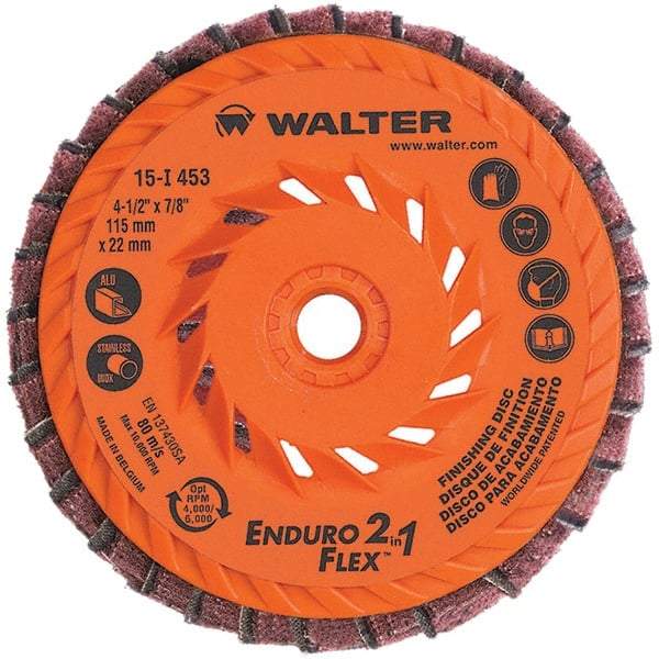 WALTER Surface Technologies - 4-1/2" Disc Diam, 5/8-11 Center Hole, Type 28 Ceramic Flap Disc - 13,300 Max RPM, Plastic Backing, Arbor Attaching System, Coated & Non-Woven Combo - USA Tool & Supply