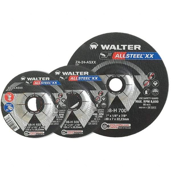 WALTER Surface Technologies - 24 Grit, 9" Wheel Diam, 1/4" Wheel Thickness, 7/8" Arbor Hole, Type 27 Depressed Center Wheel - Aluminum Oxide, Resinoid Bond, 6,600 Max RPM - USA Tool & Supply