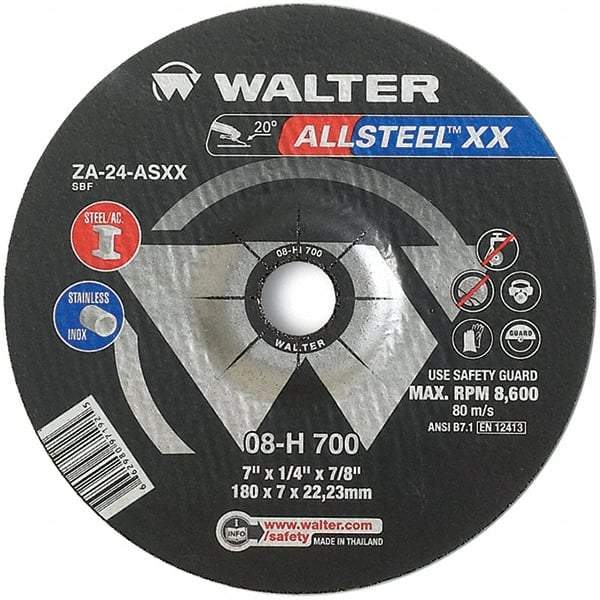 WALTER Surface Technologies - 24 Grit, 7" Wheel Diam, 1/4" Wheel Thickness, 7/8" Arbor Hole, Type 27 Depressed Center Wheel - Aluminum Oxide, Resinoid Bond, 8,600 Max RPM - USA Tool & Supply