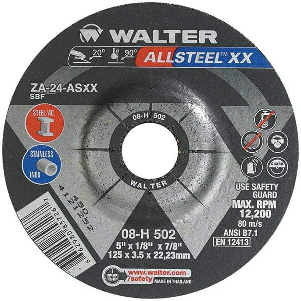 WALTER Surface Technologies - 24 Grit, 5" Wheel Diam, 1/8" Wheel Thickness, 7/8" Arbor Hole, Type 27 Depressed Center Wheel - Aluminum Oxide, Resinoid Bond, 12,200 Max RPM - USA Tool & Supply