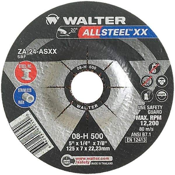 WALTER Surface Technologies - 24 Grit, 5" Wheel Diam, 1/4" Wheel Thickness, 7/8" Arbor Hole, Type 27 Depressed Center Wheel - Aluminum Oxide, Resinoid Bond, 12,200 Max RPM - USA Tool & Supply