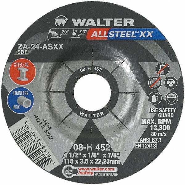 WALTER Surface Technologies - 24 Grit, 4-1/2" Wheel Diam, 1/8" Wheel Thickness, 7/8" Arbor Hole, Type 27 Depressed Center Wheel - Aluminum Oxide, Resinoid Bond, 13,300 Max RPM - USA Tool & Supply