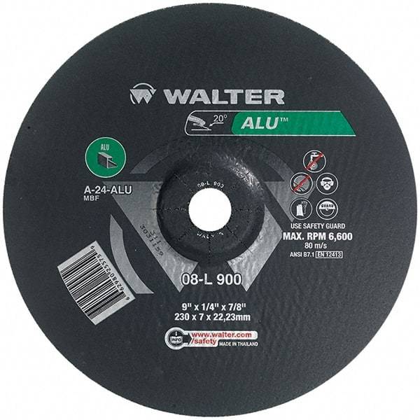 WALTER Surface Technologies - 24 Grit, 9" Wheel Diam, 1/4" Wheel Thickness, 7/8" Arbor Hole, Type 27 Depressed Center Wheel - Aluminum Oxide, Resinoid Bond, 6,600 Max RPM - USA Tool & Supply