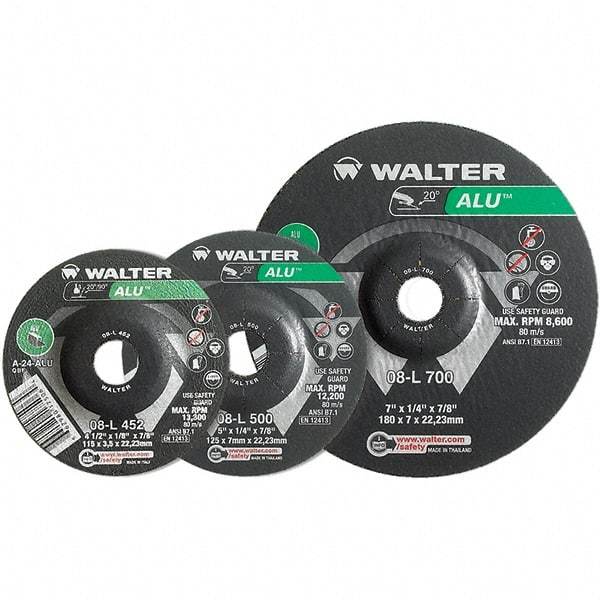 WALTER Surface Technologies - 24 Grit, 7" Wheel Diam, 1/8" Wheel Thickness, Type 27 Depressed Center Wheel - Aluminum Oxide, Resinoid Bond, 8,600 Max RPM - USA Tool & Supply