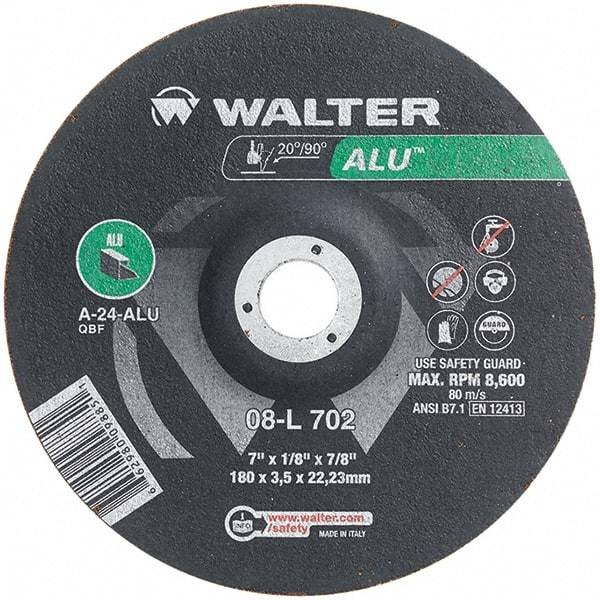 WALTER Surface Technologies - 24 Grit, 7" Wheel Diam, 1/8" Wheel Thickness, 7/8" Arbor Hole, Type 27 Depressed Center Wheel - Aluminum Oxide, Resinoid Bond, 8,600 Max RPM - USA Tool & Supply
