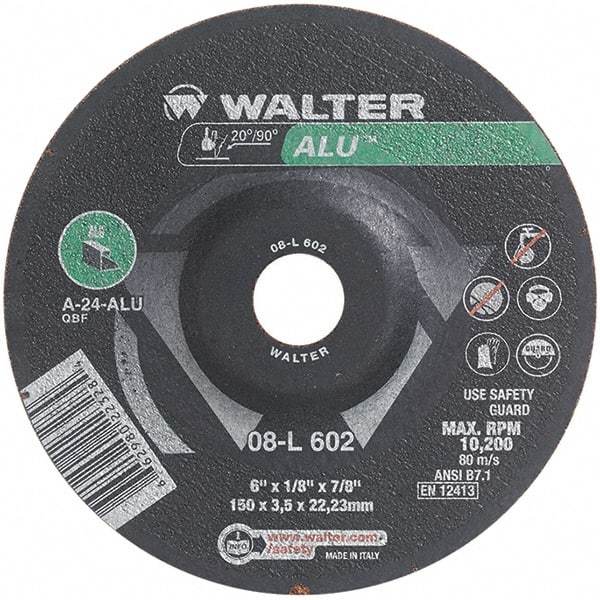 WALTER Surface Technologies - 24 Grit, 6" Wheel Diam, 1/8" Wheel Thickness, 7/8" Arbor Hole, Type 27 Depressed Center Wheel - Aluminum Oxide, Resinoid Bond, 10,200 Max RPM - USA Tool & Supply