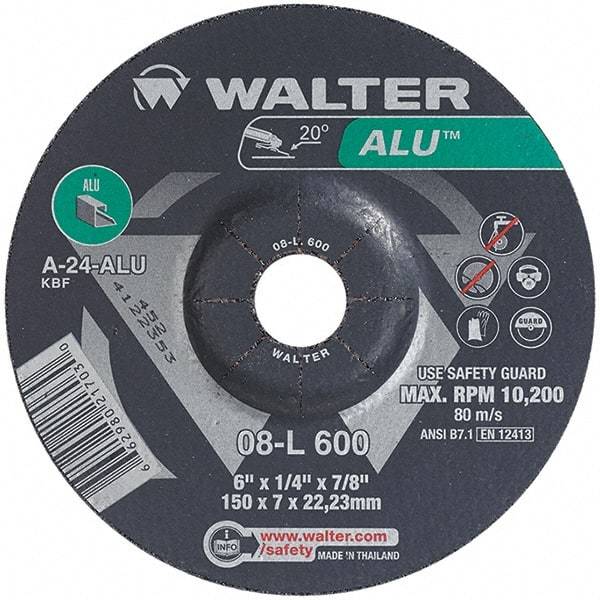 WALTER Surface Technologies - 24 Grit, 6" Wheel Diam, 1/4" Wheel Thickness, 7/8" Arbor Hole, Type 27 Depressed Center Wheel - Aluminum Oxide, Resinoid Bond, 10,200 Max RPM - USA Tool & Supply