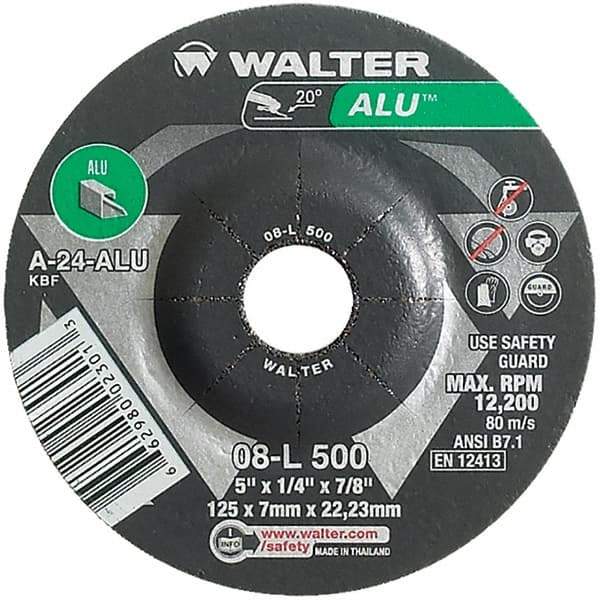 WALTER Surface Technologies - 24 Grit, 5" Wheel Diam, 1/4" Wheel Thickness, 7/8" Arbor Hole, Type 27 Depressed Center Wheel - Aluminum Oxide, Resinoid Bond, 12,200 Max RPM - USA Tool & Supply