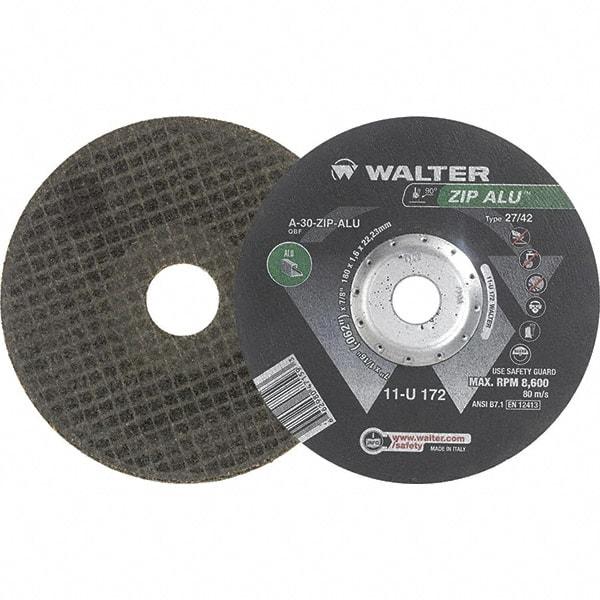 WALTER Surface Technologies - 30 Grit, 7" Wheel Diam, 1/16" Wheel Thickness, 7/8" Arbor Hole, Type 27 Depressed Center Wheel - Aluminum Oxide, Resinoid Bond, 8,600 Max RPM - USA Tool & Supply