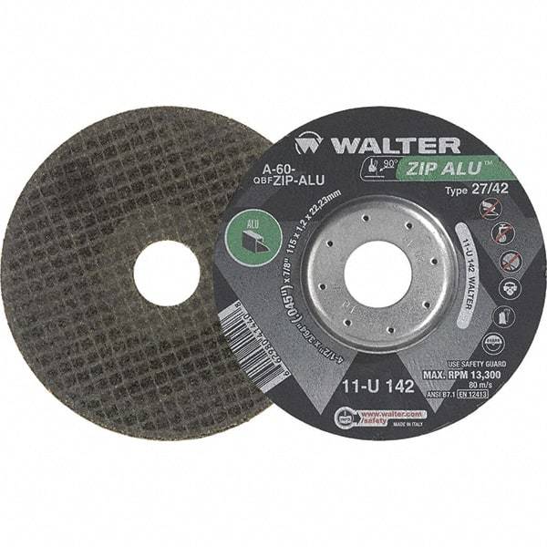 WALTER Surface Technologies - 60 Grit, 5" Wheel Diam, 3/64" Wheel Thickness, 7/8" Arbor Hole, Type 27 Depressed Center Wheel - Aluminum Oxide, Resinoid Bond, 12,200 Max RPM - USA Tool & Supply
