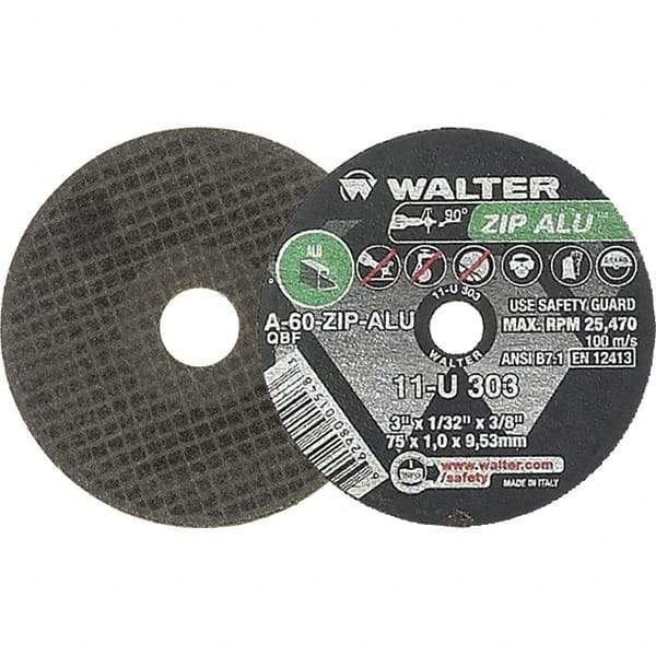 WALTER Surface Technologies - 3" 60 Grit Aluminum Oxide Cutoff Wheel - 1/32" Thick, 3/8" Arbor, 25,470 Max RPM, Use with Die Grinders - USA Tool & Supply