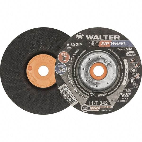 WALTER Surface Technologies - 60 Grit, 4-1/2" Wheel Diam, 3/64" Wheel Thickness, Type 27 Depressed Center Wheel - Resinoid Bond, 13,300 Max RPM - USA Tool & Supply