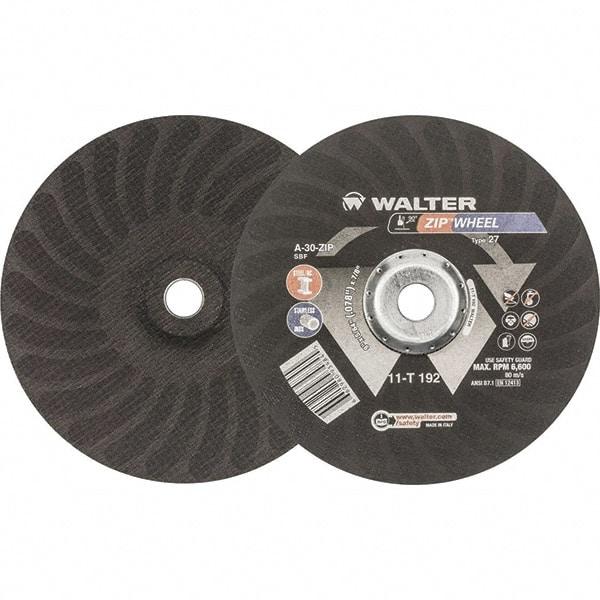 WALTER Surface Technologies - 30 Grit, 9" Wheel Diam, 5/64" Wheel Thickness, 7/8" Arbor Hole, Type 27 Depressed Center Wheel - Aluminum Oxide, Resinoid Bond, 6,600 Max RPM - USA Tool & Supply