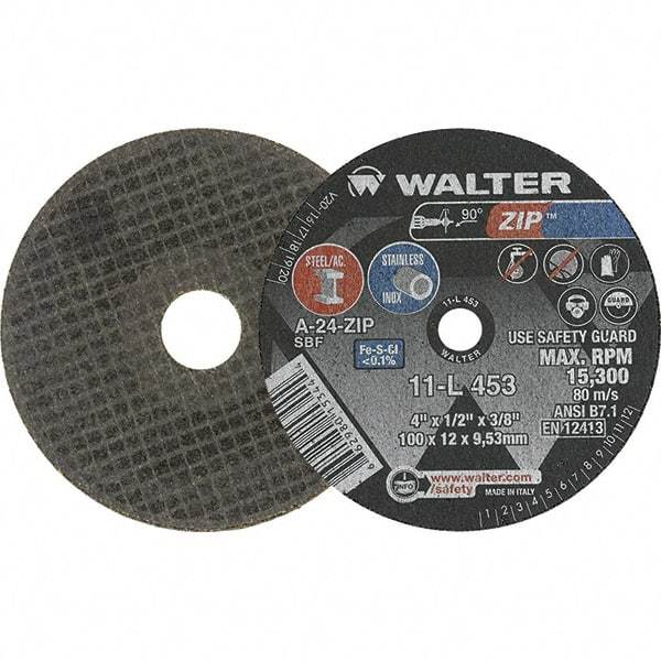 WALTER Surface Technologies - 4" 24 Grit Aluminum Oxide Cutoff Wheel - 1/2" Thick, 3/8" Arbor, 19,100 Max RPM, Use with Die Grinders - USA Tool & Supply