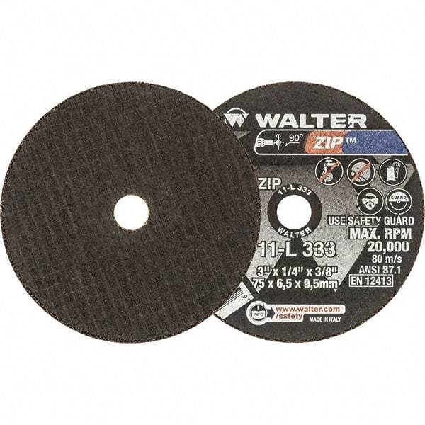 WALTER Surface Technologies - 3" 24 Grit Aluminum Oxide Cutoff Wheel - 1/4" Thick, 3/8" Arbor, 25,470 Max RPM, Use with Die Grinders - USA Tool & Supply