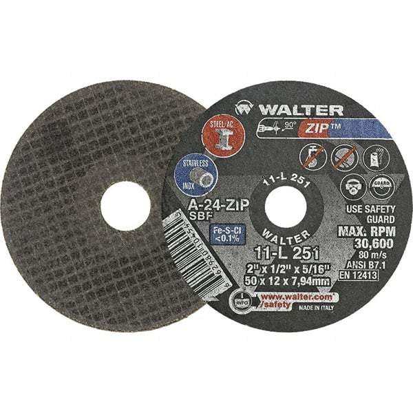 WALTER Surface Technologies - 2" 24 Grit Aluminum Oxide Cutoff Wheel - 1/2" Thick, 5/16" Arbor, 31,000 Max RPM, Use with Die Grinders - USA Tool & Supply