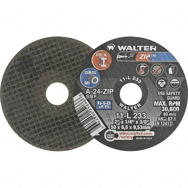 WALTER Surface Technologies - 2" 24 Grit Aluminum Oxide Cutoff Wheel - 1/4" Thick, 3/8" Arbor, 31,000 Max RPM, Use with Die Grinders - USA Tool & Supply
