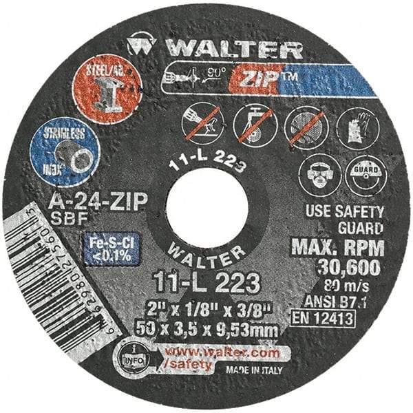 WALTER Surface Technologies - 2" 24 Grit Aluminum Oxide Cutoff Wheel - 1/8" Thick, 3/8" Arbor, 31,000 Max RPM, Use with Die Grinders - USA Tool & Supply