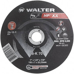 WALTER Surface Technologies - 16 Grit, 7" Wheel Diam, 1/4" Wheel Thickness, 7/8" Arbor Hole, Type 28 Depressed Center Wheel - Aluminum Oxide, Resinoid Bond, 8,600 Max RPM - USA Tool & Supply
