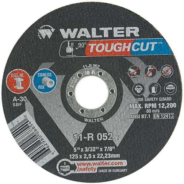 WALTER Surface Technologies - 5" 30 Grit Aluminum Oxide Cutoff Wheel - 3/32" Thick, 7/8" Arbor, 12,200 Max RPM, Use with Angle Grinders - USA Tool & Supply