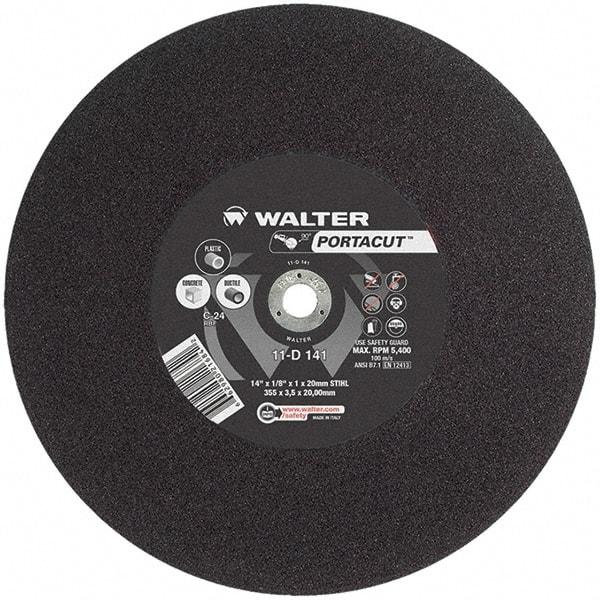 WALTER Surface Technologies - 14" 24 Grit Aluminum Oxide Cutoff Wheel - 1/8" Thick, 20mm Arbor, 5,400 Max RPM, Use with Electric & Gas Powered Saws - USA Tool & Supply