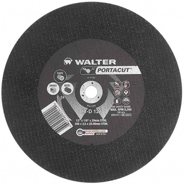 WALTER Surface Technologies - 12" 24 Grit Aluminum Oxide Cutoff Wheel - 1/8" Thick, 20mm Arbor, 6,300 Max RPM, Use with Electric & Gas Powered Saws - USA Tool & Supply
