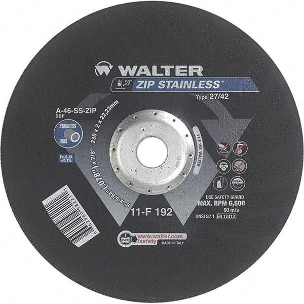 WALTER Surface Technologies - 46 Grit, 9" Wheel Diam, 5/64" Wheel Thickness, 7/8" Arbor Hole, Type 27 Depressed Center Wheel - Aluminum Oxide/Silicon Carbide Blend, Resinoid Bond, 6,600 Max RPM - USA Tool & Supply