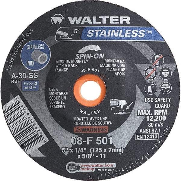WALTER Surface Technologies - 30 Grit, 5" Wheel Diam, 1/4" Wheel Thickness, Type 28 Depressed Center Wheel - Aluminum Oxide, Resinoid Bond, 12,200 Max RPM - USA Tool & Supply