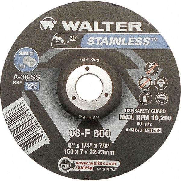 WALTER Surface Technologies - 30 Grit, 6" Wheel Diam, 1/4" Wheel Thickness, 7/8" Arbor Hole, Type 27 Depressed Center Wheel - Aluminum Oxide, Resinoid Bond, 10,200 Max RPM - USA Tool & Supply