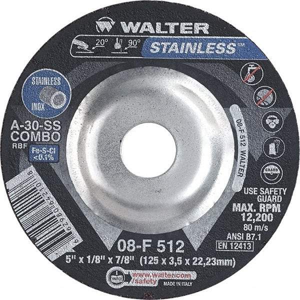 WALTER Surface Technologies - 30 Grit, 5" Wheel Diam, 1/8" Wheel Thickness, 7/8" Arbor Hole, Type 27 Depressed Center Wheel - Aluminum Oxide, Resinoid Bond, 12,200 Max RPM - USA Tool & Supply