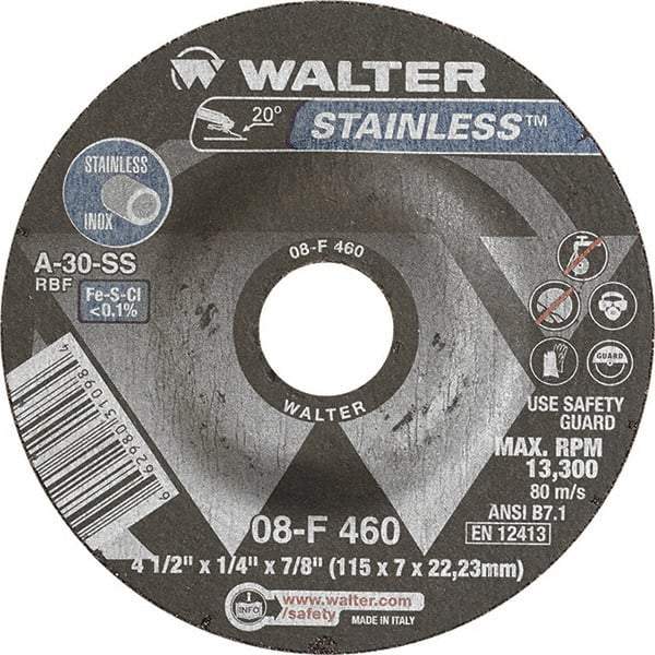 WALTER Surface Technologies - 30 Grit, 4-1/2" Wheel Diam, 1/4" Wheel Thickness, 7/8" Arbor Hole, Type 27 Depressed Center Wheel - Aluminum Oxide, Resinoid Bond, 13,300 Max RPM - USA Tool & Supply