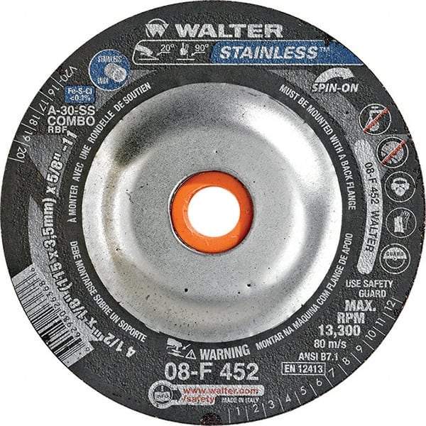 WALTER Surface Technologies - 30 Grit, 4-1/2" Wheel Diam, 1/8" Wheel Thickness, Type 27 Depressed Center Wheel - Aluminum Oxide, Resinoid Bond, 13,300 Max RPM - USA Tool & Supply