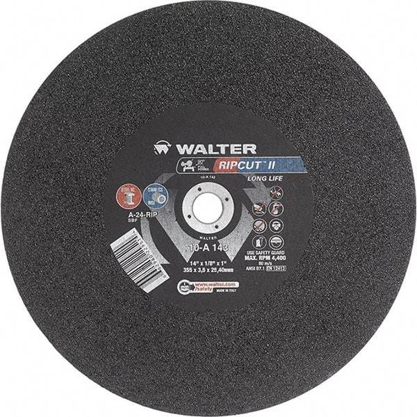 WALTER Surface Technologies - 14" 24 Grit Aluminum Oxide Cutoff Wheel - 1/8" Thick, 1" Arbor, 4,400 Max RPM, Use with Stationary Tools - USA Tool & Supply