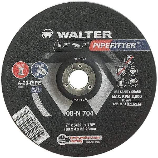 WALTER Surface Technologies - 20 Grit, 7" Wheel Diam, 5/32" Wheel Thickness, 7/8" Arbor Hole, Type 27 Depressed Center Wheel - Aluminum Oxide/Silicon Carbide Blend, Resinoid Bond, 8,600 Max RPM - USA Tool & Supply