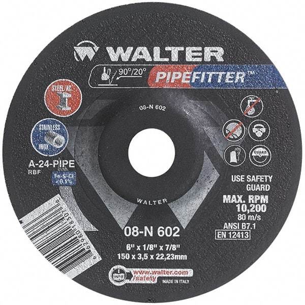 WALTER Surface Technologies - 24 Grit, 6" Wheel Diam, 1/8" Wheel Thickness, 7/8" Arbor Hole, Type 27 Depressed Center Wheel - Aluminum Oxide/Silicon Carbide Blend, Resinoid Bond, 10,200 Max RPM, Compatible with Angle Grinder - USA Tool & Supply