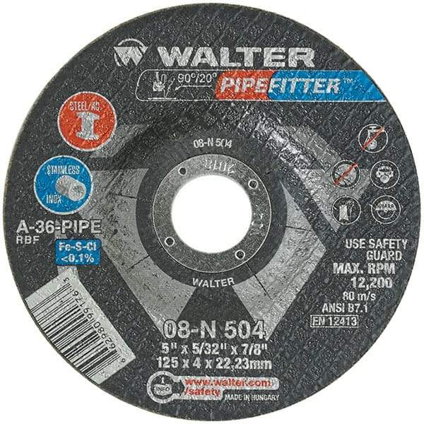 WALTER Surface Technologies - 36 Grit, 5" Wheel Diam, 5/32" Wheel Thickness, 7/8" Arbor Hole, Type 27 Depressed Center Wheel - Aluminum Oxide/Silicon Carbide Blend, Resinoid Bond, 12,200 Max RPM - USA Tool & Supply