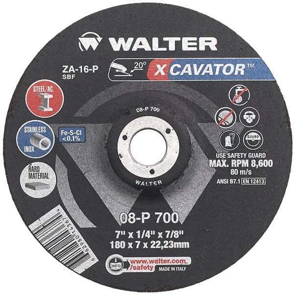 WALTER Surface Technologies - 16 Grit, 9" Wheel Diam, 1/4" Wheel Thickness, Type 27 Depressed Center Wheel - Aluminum Oxide, Resinoid Bond, 6,600 Max RPM - USA Tool & Supply
