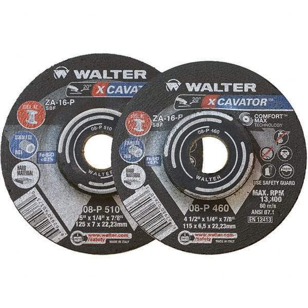 WALTER Surface Technologies - 16 Grit, 9" Wheel Diam, 1/4" Wheel Thickness, 7/8" Arbor Hole, Type 27 Depressed Center Wheel - Aluminum Oxide, Resinoid Bond, 6,600 Max RPM - USA Tool & Supply