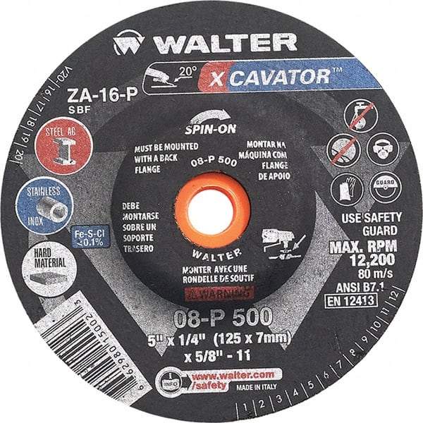 WALTER Surface Technologies - 16 Grit, 5" Wheel Diam, 1/4" Wheel Thickness, Type 27 Depressed Center Wheel - Aluminum Oxide, Resinoid Bond, 12,200 Max RPM - USA Tool & Supply